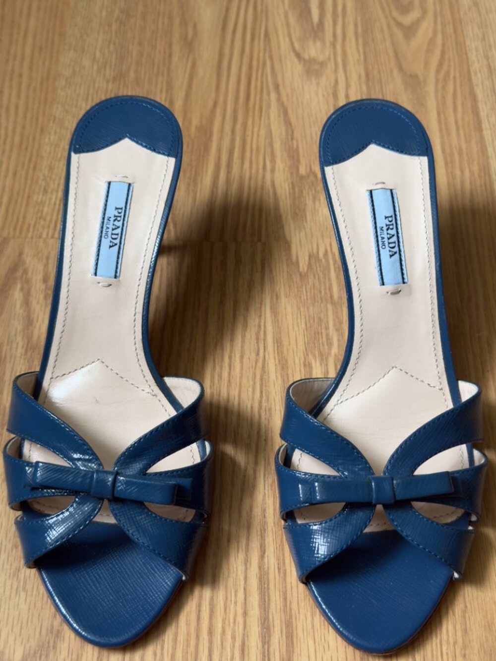 Prada Blue Saffiano Leather Bow Slide Sandals, Sz 38, Kitten Heel Mule